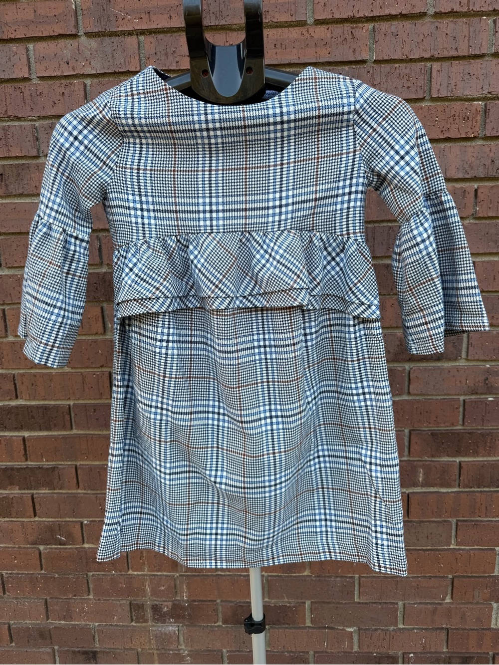 Mayoral Girls Navy Checkered Plaid Ruffle Dress Size 10 140cm fluted Sleeves EUC